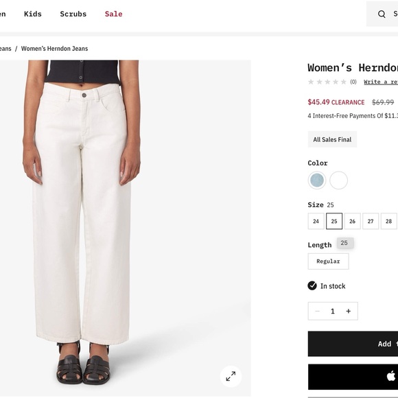 Dickies White Herndon Jeans size 25 - Picture 1 of 6